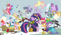 Size: 1200x692 | Tagged: safe, artist:dm29, character:apple bloom, character:applejack, character:big mcintosh, character:bon bon, character:coco pommel, character:coloratura, character:derpy hooves, character:discord, character:dj pon-3, character:doctor whooves, character:fluttershy, character:gilda, character:lemon hearts, character:limestone pie, character:lyra heartstrings, character:marble pie, character:maud pie, character:minuette, character:moondancer, character:octavia melody, character:pinkie pie, character:princess cadance, character:rainbow dash, character:rarity, character:scootaloo, character:shining armor, character:smooze, character:spike, character:starlight glimmer, character:sweetie belle, character:sweetie drops, character:time turner, character:trouble shoes, character:twilight sparkle, character:twilight sparkle (alicorn), character:twinkleshine, character:vinyl scratch, species:alicorn, species:griffon, species:pegasus, species:pony, episode:amending fences, episode:appleoosa's most wanted, episode:bloom and gloom, episode:brotherhooves social, episode:canterlot boutique, episode:castle sweet castle, episode:crusaders of the lost mark, episode:do princesses dream of magic sheep?, episode:hearthbreakers, episode:made in manehattan, episode:make new friends but keep discord, episode:party pooped, episode:princess spike, episode:rarity investigates, episode:scare master, episode:slice of life, episode:tanks for the memories, episode:the cutie map, episode:the cutie re-mark, episode:the hooffields and mccolts, episode:the lost treasure of griffonstone, episode:the mane attraction, episode:the one where pinkie pie knows, episode:what about discord?, g4, my little pony: friendship is magic, alicorn costume, alternate hairstyle, athena sparkle, back to the future, background six, bedroom eyes, bipedal, bow tie, box, cardboard box, charlie brown, clothing, costume, crossdressing, crossing the memes, crying, cutie mark, cutie mark crusaders, derpysaur, detective rarity, dress, drinking straw, fake horn, fake wings, female, fernando the straw, filly, final form, fusion, glasses, hat, i didn't listen, i'm pancake, implied rarijack, it happened, lyrabon (fusion), mare, meme, new crown, nightmare night costume, ocular gushers, open mouth, orchard blossom, peanuts, pest control gear, pinkie mcpie, princess dress, punklight sparkle, rara, revolutionary girl utena, s5 starlight, saddle bag, selfie, sled, snow, staff, staff of sameness, sunglasses, sweater, the cmc's cutie marks, the meme concludes, the meme continues, the ride never ends, the story so far of season 5, this is my final form, toilet paper roll, toilet paper roll horn, top hat, twilight muffins, twilight scepter, twittermite, unamused, volumetric mouth, wig