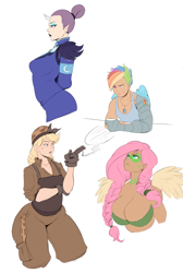 Size: 1767x2635 | Tagged: safe, artist:sundown, character:applejack, character:fluttershy, character:rainbow dash, character:rarity, species:human, episode:the cutie re-mark, alternate hairstyle, alternate timeline, apocalypse dash, applebucking thighs, applebutt, applecalypsejack, big breasts, blind eye, breasts, busty fluttershy, busty rarity, chrysalis resistance timeline, cigarette, cleavage, clothing, crystal war timeline, dog tags, elf ears, female, freckles, horned humanization, humanized, jumpsuit, muscles, night maid rarity, nightmare takeover timeline, prosthetic limb, scar, smoking, tribal, tribalshy, winged humanization