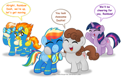 Size: 3000x1963 | Tagged: safe, artist:aleximusprime, character:fire streak, character:rainbow dash, character:spitfire, character:twilight sparkle, character:twilight sparkle (alicorn), oc, oc:dreamer, species:alicorn, species:pony, female, goggles, hilarious in hindsight, mare, rainmer, simple background, transparent background, wonderbolts, wonderbolts uniform