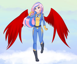 Size: 2000x1658 | Tagged: safe, artist:jonfawkes, oc, oc only, oc:moonbeam, species:human, belt, boots, clothing, colored wings, gloves, goggles, humanized, humanized oc, red wings, wings, wonderbolts uniform