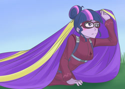 Size: 1280x916 | Tagged: safe, artist:jonfawkes, character:twilight sparkle, character:twilight sparkle (scitwi), species:eqg human, equestria girls:friendship games, g4, my little pony: equestria girls, my little pony:equestria girls, clothing, covered, embarrassed, female, goggles, jumpsuit, parachute, solo