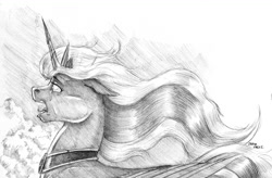Size: 1200x787 | Tagged: safe, artist:baron engel, character:princess luna, species:alicorn, species:pony, bust, crying, female, floppy ears, grayscale, horn, jewelry, mare, monochrome, open mouth, pencil drawing, portrait, profile, regalia, singing, solo, story in the source, tiara, traditional art
