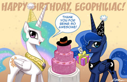 Size: 1200x776 | Tagged: safe, artist:johnjoseco, character:princess celestia, character:princess luna, birthday, cake, clothing, hat
