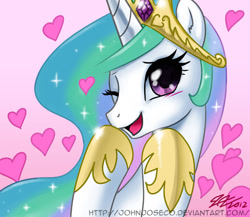Size: 800x695 | Tagged: safe, artist:johnjoseco, character:princess celestia, species:alicorn, species:pony, g4, blushing, bust, cute, cutelestia, ear fluff, female, heart, looking at you, mare, one eye closed, open mouth, photoshop, portrait, pretty princess, princess, signature, solo, wink