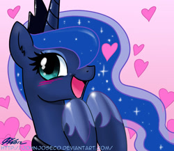 Size: 800x695 | Tagged: safe, artist:johnjoseco, character:princess luna, species:alicorn, species:pony, g4, blushing, bust, cute, ear fluff, female, happy, heart, looking at you, lunabetes, mare, open mouth, photoshop, portrait, pretty princess, signature, smiling, solo