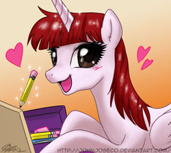 Size: 900x807 | Tagged: safe, artist:johnjoseco, oc, oc only, oc:fausticorn, species:alicorn, species:pony, blushing, cute, ear fluff, eraser, faustabetes, female, gradient background, happy, heart, lauren faust, looking at you, magic, mare, open mouth, pen, pencil, photoshop, ponified, pretty princess, signature, smiling, solo, telekinesis