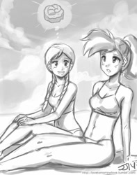 Size: 709x900 | Tagged: safe, artist:johnjoseco, character:allie way, species:human, beach, bikini, clothing, fair way, grayscale, helix fossil, humanized, monochrome, swimsuit