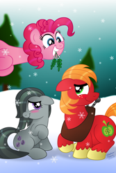 Size: 2000x3000 | Tagged: safe, artist:aleximusprime, character:big mcintosh, character:marble pie, character:pinkie pie, species:earth pony, species:pony, ship:marblemac, male, mistletoe, shipping, stallion, straight
