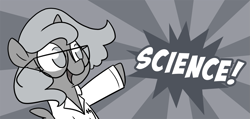 Size: 1053x500 | Tagged: safe, artist:egophiliac, character:princess luna, species:alicorn, species:pony, moonstuck, clothing, cute, female, filly, glasses, grayscale, lab coat, monochrome, open mouth, science, science woona, smiling, solo, woona