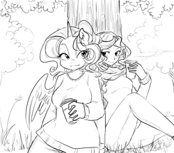 Size: 1280x1124 | Tagged: safe, artist:glacierclear, character:rarity, character:sunset shimmer, species:alicorn, species:anthro, species:human, species:pony, clothing, coffee, food, humanized, monochrome, race swap, raricorn, scarf, sweater, tree