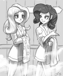 Size: 800x970 | Tagged: safe, artist:johnjoseco, character:fluttershy, character:rarity, species:human, bathrobe, clothing, duo, female, grayscale, humanized, looking at each other, monochrome, robe, sauna, towel