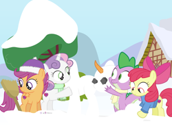 Size: 1000x735 | Tagged: safe, artist:dm29, character:apple bloom, character:scootaloo, character:spike, character:sweetie belle, species:pegasus, species:pony, advent calendar, cutie mark crusaders, holiday horse days, snowmare