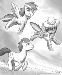 Size: 800x970 | Tagged: safe, artist:johnjoseco, character:daring do, character:doctor whooves, character:rainbow dash, character:time turner, species:pegasus, species:pony, black and white, female, flying, grayscale, male, mare, monochrome, running, stallion