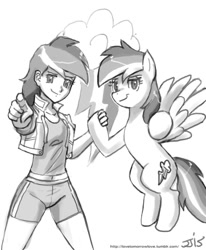Size: 800x970 | Tagged: safe, artist:johnjoseco, character:rainbow dash, species:human, species:pegasus, species:pony, belly button, clothing, female, grayscale, human ponidox, humanized, looking at you, mare, midriff, monochrome, pointing, ponidox, shorts, smiling