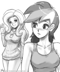 Size: 800x970 | Tagged: safe, artist:johnjoseco, character:fluttershy, character:rainbow dash, species:human, ship:flutterdash, bedroom eyes, blushing, clothing, female, grayscale, humanized, lesbian, looking back, monochrome, no panties, shipping, smiling, sweater, sweatershy, waving