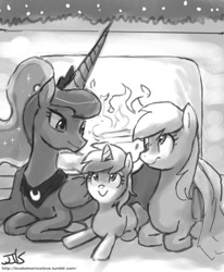 Size: 800x970 | Tagged: safe, artist:johnjoseco, character:derpy hooves, character:dinky hooves, character:princess luna, species:pegasus, species:pony, ship:lunaderp, blanket, cozy, female, fireplace, grayscale, lesbian, mare, monochrome, shipping