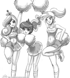 Size: 1000x1113 | Tagged: safe, artist:johnjoseco, character:allie way, character:princess cadance, character:princess luna, species:human, armpits, belly button, cheerleader, clothing, converse, cute, cutedance, female, grayscale, humanized, looking at you, lunabetes, midriff, monochrome, open mouth, shoes, skirt, smiling, sneakers