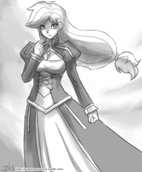 Size: 800x970 | Tagged: safe, artist:johnjoseco, character:applejack, species:human, breasts, busty applejack, clothing, cosplay, costume, fate/stay night, female, grayscale, humanized, monochrome, saber, solo