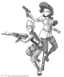 Size: 800x970 | Tagged: safe, artist:johnjoseco, character:rarity, character:spike, species:human, comic:rogue diamond, ship:sparity, ak-12, explicit series, female, grayscale, gun, humanized, male, monochrome, shipping, straight, weapon