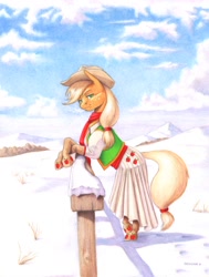 Size: 1100x1452 | Tagged: safe, artist:baron engel, character:applejack, species:earth pony, species:pony, bipedal leaning, breath, clothing, dress, female, fence, pencil drawing, snow, solo, traditional art, winter