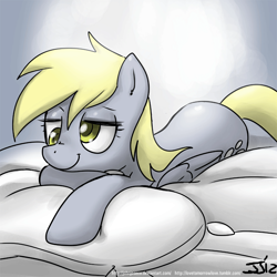 Size: 900x900 | Tagged: safe, artist:johnjoseco, character:derpy hooves, species:pegasus, species:pony, g4, adobe imageready, female, mare, morning ponies, pillow, prone, solo