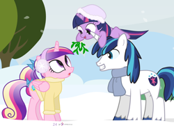 Size: 1000x735 | Tagged: safe, artist:dm29, character:princess cadance, character:shining armor, character:twilight sparkle, species:pony, advent calendar, cute, cutedance, filly, filly twilight sparkle, holiday horse days, julian yeo is trying to murder us, mistletoe, shining adorable, shipper on deck, snow, teenager, trio, twiabetes, twilight the shipper, twily, younger