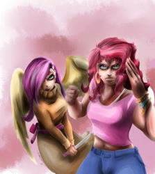 Size: 1068x1200 | Tagged: safe, artist:sundown, character:fluttershy, character:pinkie pie, species:human, abstract background, badass, belly button, clothing, dress, duo, female, flutterbadass, humanized, knife, looking at you, martial arts, midriff, sweatershy, weapon, winged humanization, wings