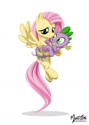 Size: 1000x1414 | Tagged: safe, artist:mysticalpha, character:fluttershy, character:spike, ship:flutterspike, female, holding, male, shipping, simple background, straight