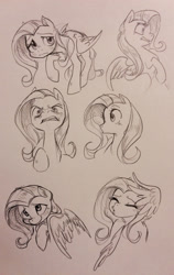 Size: 1212x1920 | Tagged: safe, artist:glacierclear, character:fluttershy, species:pegasus, species:pony, angry, bashful, blushing, eyes closed, female, flutterrage, grayscale, mare, monochrome, phew, simple background, sketch dump, solo, surprised, traditional art, white background, wing hands