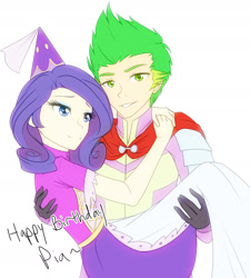 Size: 1280x1422 | Tagged: safe, artist:jonfawkes, character:rarity, character:spike, species:human, ship:sparity, beefspike, birthday, bridal carry, clothing, dress, female, happy birthday, humanized, male, shipping, straight