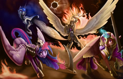 Size: 3000x1941 | Tagged: safe, artist:silfoe, character:nightmare moon, character:nightmare star, character:nightmare twilight sparkle, character:princess cadance, character:princess celestia, character:princess luna, character:twilight sparkle, character:twilight sparkle (alicorn), species:alicorn, species:pony, alicorn tetrarchy, armor, badass, book of revelation, eclipse, epic, equestria is doomed, female, fire, four horsemen of the apocalypse, horseman of conquest, horseman of death, horseman of famine, horseman of war, magic, mare, nightmare cadance, nightmarified, oh crap, quartet, rearing, scythe, sword, telekinesis, warrior cadance, warrior celestia, warrior luna, warrior twilight sparkle, weapon, xk-class end-of-the-world scenario