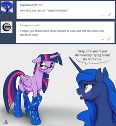 Size: 1280x1393 | Tagged: safe, artist:silfoe, character:princess luna, character:twilight sparkle, character:twilight sparkle (alicorn), species:alicorn, species:pony, royal sketchbook, ship:twiluna, adorkable, clothing, cute, dork, female, freckles, glasses, lesbian, mare, shipping, silfoe is trying to murder us, socks, twiabetes
