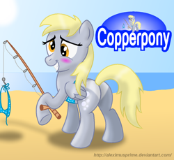 Size: 1024x939 | Tagged: safe, artist:aleximusprime, character:derpy hooves, species:pegasus, species:pony, bikini, blushing, clothing, coppertone parody, cute, derpabetes, female, fishing rod, i just don't know what went wrong, mare, plot, side-tie bikini, solo, swimsuit, undressing