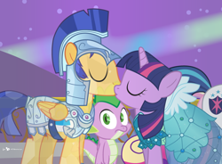 Size: 1020x750 | Tagged: safe, artist:dm29, character:flash sentry, character:princess cadance, character:shining armor, character:spike, character:twilight sparkle, character:twilight sparkle (alicorn), species:alicorn, species:pony, ship:flashlight, aside glance, aurora borealis, aurora crystialis, clothing, crystal empire, crystal guard armor, cute, dress, female, kissing, male, mare, new year, offscreen character, princess dress, shipping, straight