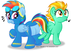 Size: 1024x747 | Tagged: safe, artist:aleximusprime, character:lightning dust, character:rainbow dash, species:pegasus, species:pony, assisted exposure, butt flap, plot, simple background, transparent background, whistling, wing hands, wonderbolts uniform