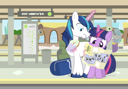 Size: 1200x840 | Tagged: safe, artist:dm29, character:caramel, character:coco pommel, character:shining armor, character:twilight sparkle, bread, donut, duffle bag, duo, eating, food, lost, magic, map, telekinesis, train station