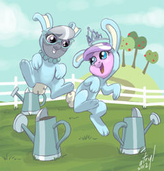Size: 622x650 | Tagged: safe, artist:atryl, character:diamond tiara, character:silver spoon, species:earth pony, species:pony, bunny costume, clothing, cute, diamondbetes, duo, female, fence, filly, glasses, grin, jumping, open mouth, smiling, watering can