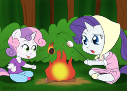 Size: 1000x714 | Tagged: safe, artist:empyu, character:rarity, character:sweetie belle, species:anthro, 30 minute art challenge, campfire, camping outfit, chibi, clothing, food, marshmallow, pleated skirt, rarity using marshmallows, roasting, shoes, sisters, skirt, sweetie belle using marshmallows