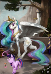 Size: 1400x2000 | Tagged: safe, artist:silfoe, character:princess celestia, character:twilight sparkle, species:alicorn, species:pony, species:unicorn, canterlot, duo, female, filly, filly twilight sparkle, flower, glowing horn, horn jewelry, jewelry, magic, mare, momlestia fuel, open mouth, peytral, silfoe is trying to murder us, smiling, telekinesis, wing jewelry