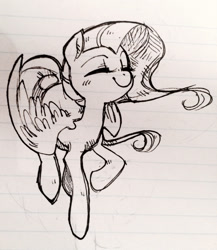 Size: 1280x1473 | Tagged: safe, artist:glacierclear, character:fluttershy, species:pegasus, species:pony, cute, eyes closed, female, lined paper, mare, monochrome, raised hoof, shyabetes, simple background, sketch, smiling, solo, spread wings, traditional art, white background, wings