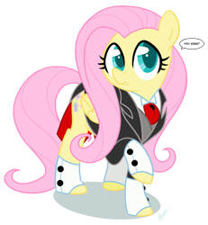 Size: 863x933 | Tagged: dead source, safe, artist:egophiliac, character:fluttershy, species:pegasus, species:pony, g4, butler, clothing, costume, dapper, dialogue, female, mare, raised hoof, simple background, solo, spats, suit, transparent background