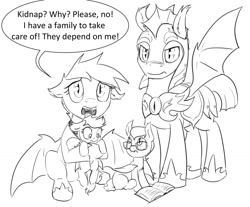 Size: 1280x1061 | Tagged: safe, artist:silfoe, oc, oc:evening melody, species:bat pony, species:pony, royal sketchbook, book, cute, dialogue, family, female, filly, floppy ears, frown, glare, glasses, grayscale, hoof hold, hug, looking at you, monochrome, night guard, open mouth, sad, sitting, speech bubble, spread wings, wide eyes, wings