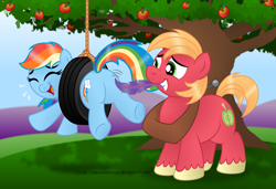Size: 2000x1368 | Tagged: safe, artist:aleximusprime, character:big mcintosh, character:rainbow dash, species:earth pony, species:pony, ship:rainbowmac, male, plot, shipping, stallion, straight, tickling, tire swing