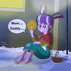 Size: 3542x3583 | Tagged: safe, artist:sumin6301, part of a set, character:starlight glimmer, my little pony:equestria girls, barefoot, clothing, crying, equestria girls-ified, feels, feet, female, frostbite, hans christian andersen, hilarious in hindsight, homeless, match, sad, sad face, sadlight glimmer, skirt, snow, solo, starlight the match girl, the little match girl, this will end in tears