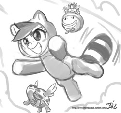 Size: 1280x1200 | Tagged: safe, artist:johnjoseco, character:rainbow dash, character:tank, bowser, clothing, costume, crossover, grayscale, koopa clown car, luigi, mario, monochrome, nintendo, pet, power-up, super mario bros., super mario bros. 3, tanooki, tanooki suit, weegee