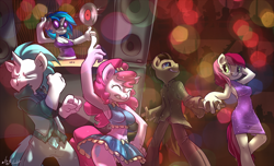 Size: 1648x1000 | Tagged: safe, artist:atryl, character:dj pon-3, character:doctor whooves, character:pinkie pie, character:roseluck, character:time turner, character:vinyl scratch, oc, oc:cryo, species:anthro, armpits, belly button, blue underwear, clothing, cutie mark, dancing, dress, flank, ice, midriff, panties, pants, shirt, skirt, tank top, underwear, upskirt