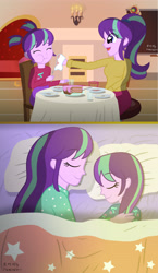 Size: 3136x5393 | Tagged: safe, artist:sumin6301, part of a set, character:starlight glimmer, parent:starlight glimmer, my little pony:equestria girls, adopted offspring, alternate hairstyle, dinner, double the glimmer, glimmerdoption, good end, heartwarming, loose hair, mama starlight, parent, self adoption, self paradox, sleeping, starlight the match girl, this will end in timeline distortion, time paradox, younger