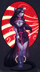 Size: 681x1200 | Tagged: safe, artist:atryl, character:octavia melody, species:anthro, species:earth pony, species:pony, species:unguligrade anthro, arm behind back, bedroom eyes, bow tie, breasts, chains, clothing, crossover, cuffs, dress, female, full body, hair over one eye, manacles, mask, missing shoes, patreon, patreon logo, phantom of the opera, sexy, shackles, smiling, socks, solo, stockings, thigh highs