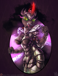 Size: 905x1200 | Tagged: safe, artist:atryl, character:king sombra, species:anthro, species:pony, species:unicorn, armor, breasts, busty queen umbra, female, looking at you, open mouth, piercing, queen umbra, rule 63, signature, solo, stupid sexy umbra, tongue out, tongue piercing