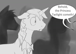 Size: 1280x905 | Tagged: safe, artist:silfoe, character:prince blueblood, royal sketchbook, dialogue, floppy ears, frown, grayscale, monochrome, sad, solo focus, speech bubble, wide eyes, worried